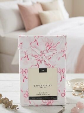 Laura Ashley Pillowcase Pair Trailing Bows Pink NWT Cotton Percale
